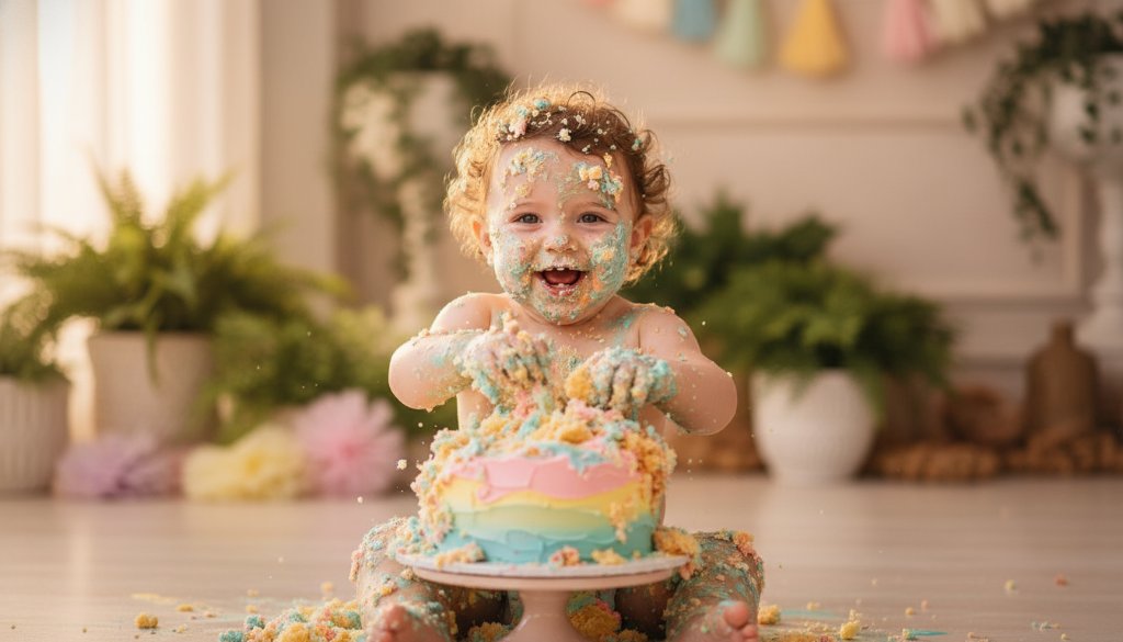 A wide-angle, vibrant, professional photograph capturing a one-year-old child in Skye Victoria having an unforgettable first birthday cake smash photography moment, covered in icing, laughing joyfully amidst balloons, with dramatic soft natural light.