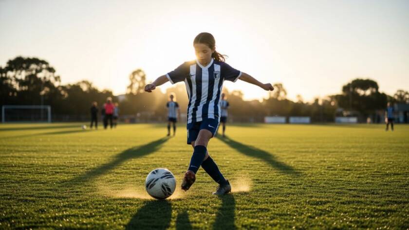 An epic moment captured during a Skye Victoria Youth Soccer Photography Expertise session, showing a young player scoring a dramatic goal under stadium lights, with an ecstatic crowd in the background, professional colour grading.
