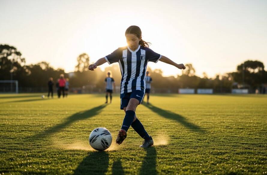 An epic moment captured during a Skye Victoria Youth Soccer Photography Expertise session, showing a young player scoring a dramatic goal under stadium lights, with an ecstatic crowd in the background, professional colour grading.