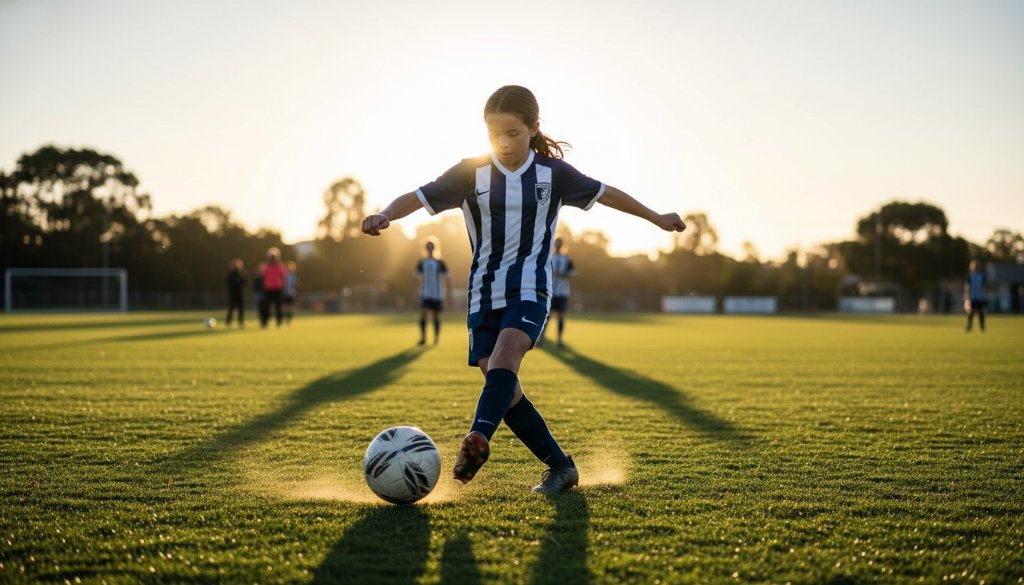 An epic moment captured during a Skye Victoria Youth Soccer Photography Expertise session, showing a young player scoring a dramatic goal under stadium lights, with an ecstatic crowd in the background, professional colour grading.