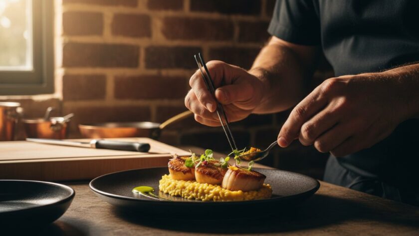 A captivating close-up of a chef meticulously garnishing a gourmet dish with delicate herbs in a rustic Soldiers Hill restaurant kitchen, bathed in warm, dramatic backlighting, showcasing exceptional Soldiers Hill artisan food photography.