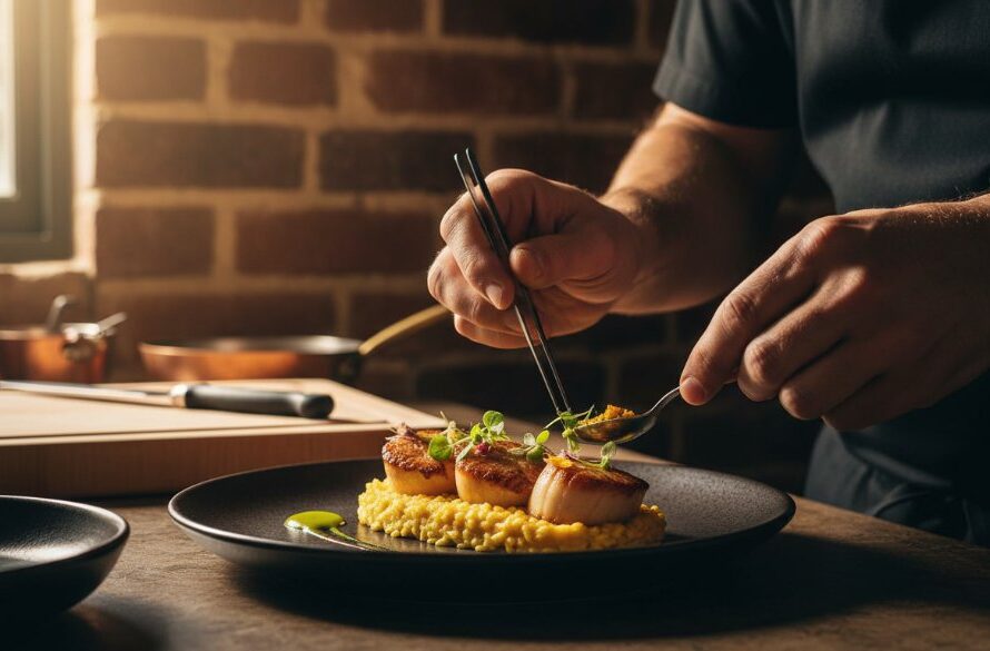 A captivating close-up of a chef meticulously garnishing a gourmet dish with delicate herbs in a rustic Soldiers Hill restaurant kitchen, bathed in warm, dramatic backlighting, showcasing exceptional Soldiers Hill artisan food photography.