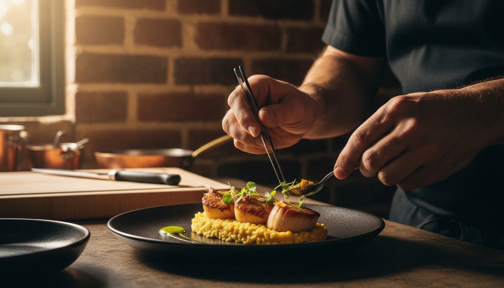 A captivating close-up of a chef meticulously garnishing a gourmet dish with delicate herbs in a rustic Soldiers Hill restaurant kitchen, bathed in warm, dramatic backlighting, showcasing exceptional Soldiers Hill artisan food photography.