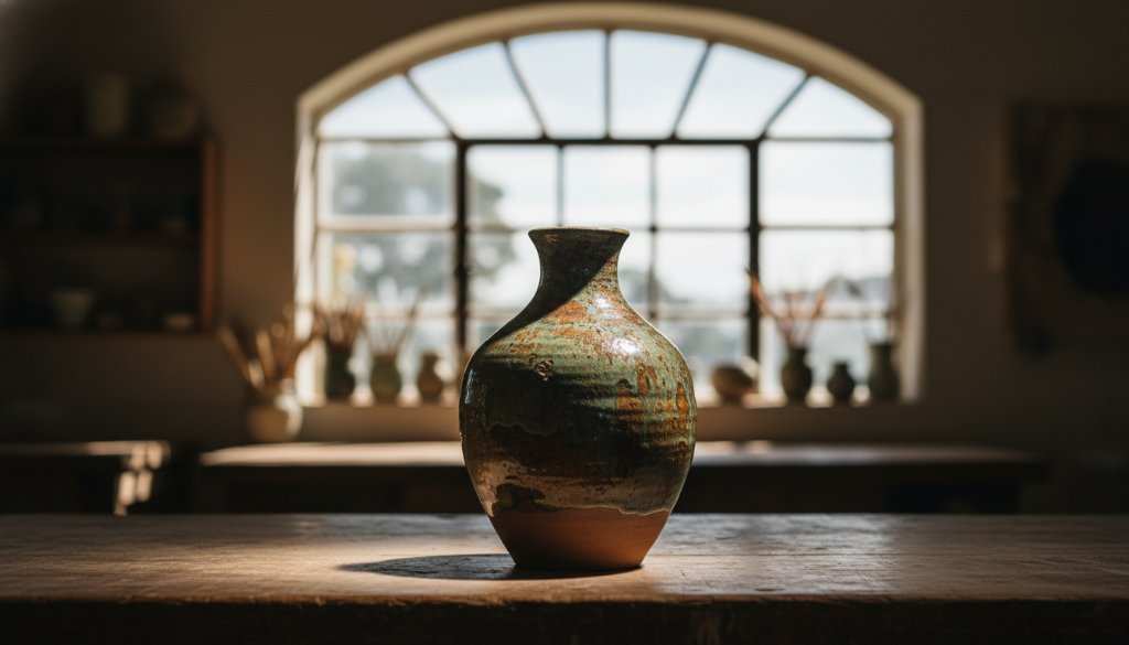 A beautifully composed 'epic moment' shot capturing a handcrafted ceramic mug, gleaming under a dramatic spotlight in a rustic Soldiers Hill artisan workshop, showcasing the intricate details through professional Soldiers Hill artisanal product photography.
