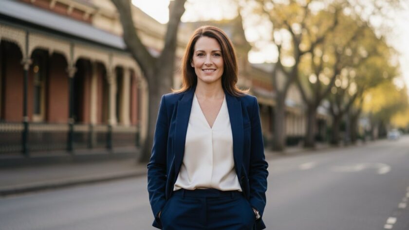 A dynamic, professionally lit close-up of a confident female executive delivering a presentation outdoors against a softly blurred, historic Soldiers Hill streetscape, embodying the essence of premium Soldiers Hill corporate headshots for local professionals.