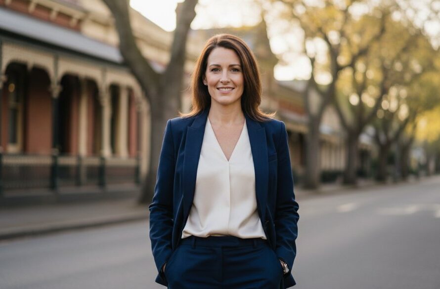 A dynamic, professionally lit close-up of a confident female executive delivering a presentation outdoors against a softly blurred, historic Soldiers Hill streetscape, embodying the essence of premium Soldiers Hill corporate headshots for local professionals.