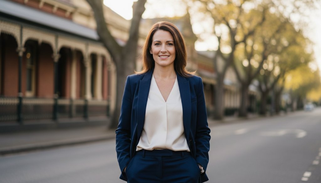 A dynamic, professionally lit close-up of a confident female executive delivering a presentation outdoors against a softly blurred, historic Soldiers Hill streetscape, embodying the essence of premium Soldiers Hill corporate headshots for local professionals.