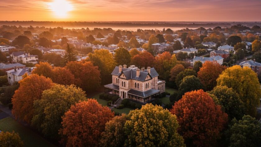 An epic wide-angle drone shot at sunrise over Soldiers Hill, Victoria, showcasing the majestic Victorian landscapes with heritage homes nestled amongst vibrant autumnal trees, bathed in golden light, taken by a Soldiers Hill drone photography expert.