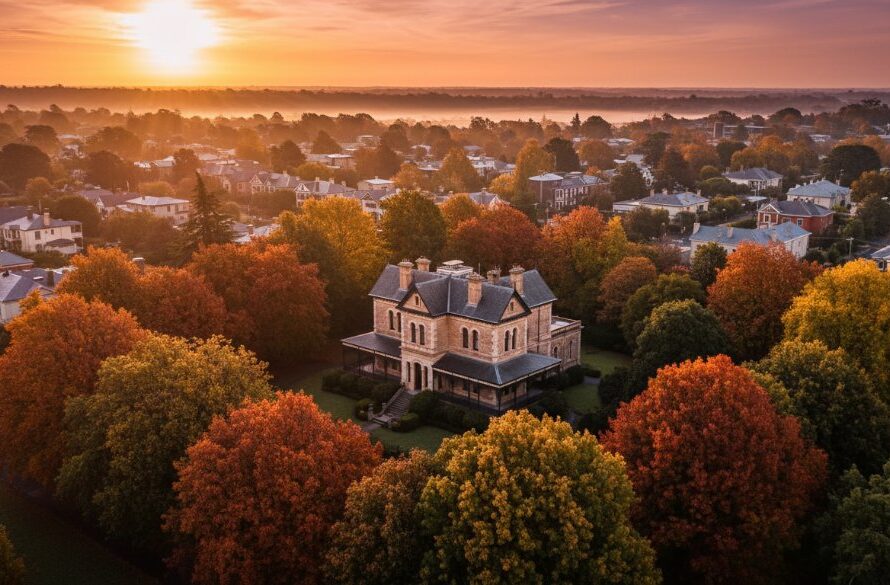 An epic wide-angle drone shot at sunrise over Soldiers Hill, Victoria, showcasing the majestic Victorian landscapes with heritage homes nestled amongst vibrant autumnal trees, bathed in golden light, taken by a Soldiers Hill drone photography expert.