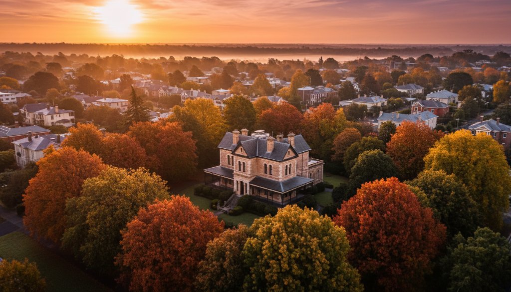 An epic wide-angle drone shot at sunrise over Soldiers Hill, Victoria, showcasing the majestic Victorian landscapes with heritage homes nestled amongst vibrant autumnal trees, bathed in golden light, taken by a Soldiers Hill drone photography expert.