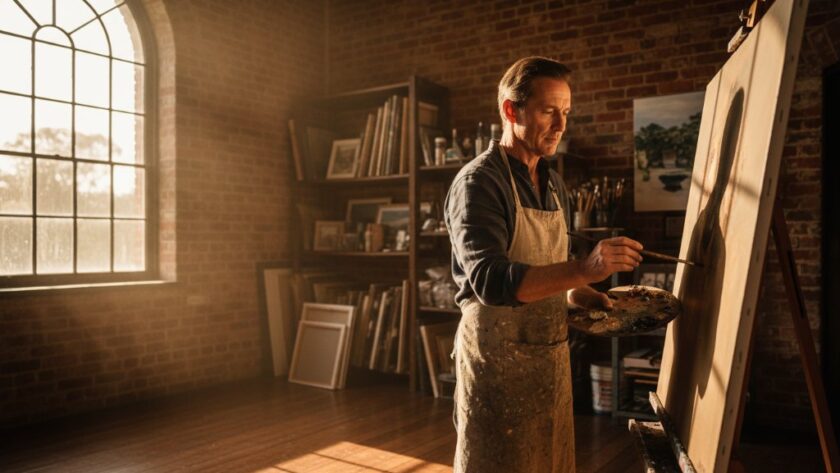 An epic, dramatically lit photograph capturing Soldiers Hill editorial photography Ballarat narratives, featuring a local artist in their historic studio, intensely focused on a painting, with golden afternoon light illuminating their work and the intricate details of the room, conveying passion and heritage.