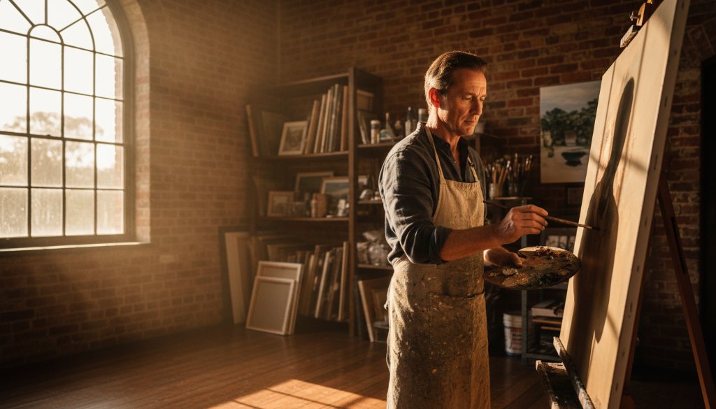 An epic, dramatically lit photograph capturing Soldiers Hill editorial photography Ballarat narratives, featuring a local artist in their historic studio, intensely focused on a painting, with golden afternoon light illuminating their work and the intricate details of the room, conveying passion and heritage.