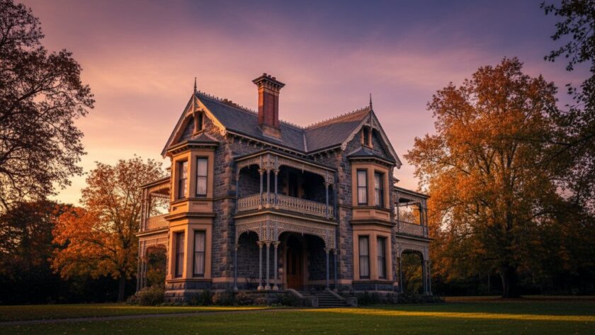 An epic, dramatic wide-angle shot capturing the ornate facade of a grand Victorian-era mansion in Soldiers Hill, showcasing its intricate details and strong architectural lines under a cinematic sunset sky, exemplifying Soldiers Hill Historic Architecture Photography.