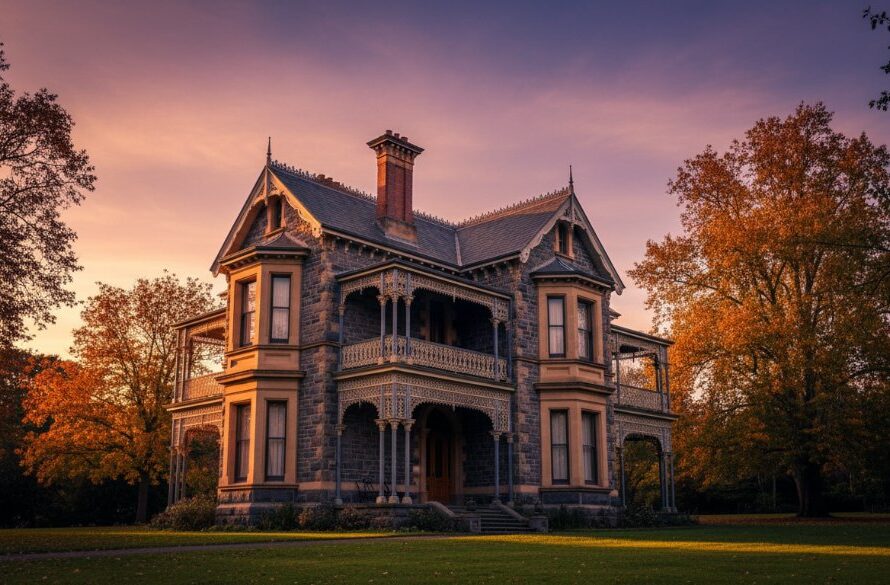 An epic, dramatic wide-angle shot capturing the ornate facade of a grand Victorian-era mansion in Soldiers Hill, showcasing its intricate details and strong architectural lines under a cinematic sunset sky, exemplifying Soldiers Hill Historic Architecture Photography.