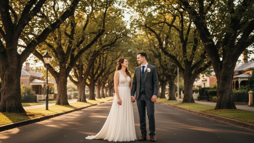 A stunning, wide-angle photograph capturing a newly married couple embracing romantically in the golden hour light, with the historic Victorian architecture of Soldiers Hill in the background, symbolizing exceptional Soldiers Hill intimate wedding photography Victoria.