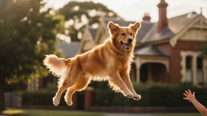 An epic moment in Soldiers Hill pet photography capturing furry family moments: A golden retriever joyfully leaps through golden hour light in the historic Soldiers Hill gardens, its fur backlit, with a child's hand reaching out to touch it, symbolising pure connection and happiness.