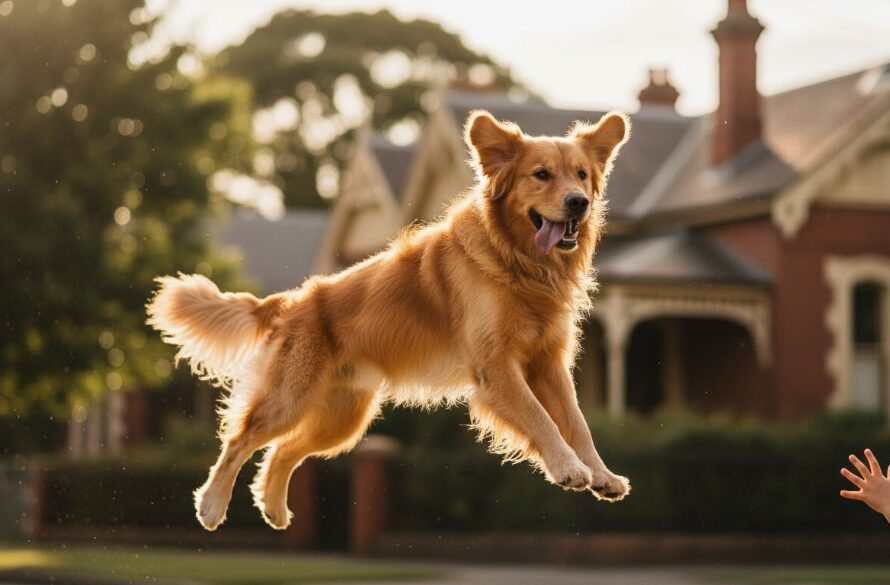 An epic moment in Soldiers Hill pet photography capturing furry family moments: A golden retriever joyfully leaps through golden hour light in the historic Soldiers Hill gardens, its fur backlit, with a child's hand reaching out to touch it, symbolising pure connection and happiness.