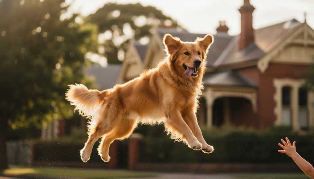 An epic moment in Soldiers Hill pet photography capturing furry family moments: A golden retriever joyfully leaps through golden hour light in the historic Soldiers Hill gardens, its fur backlit, with a child's hand reaching out to touch it, symbolising pure connection and happiness.