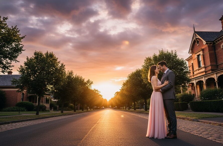 An epic moment captured during Soldiers Hill pre-wedding photography sunset, featuring a couple embracing passionately against the vibrant, golden light of the setting sun over the historic landscape, with dramatic and professional color grading.