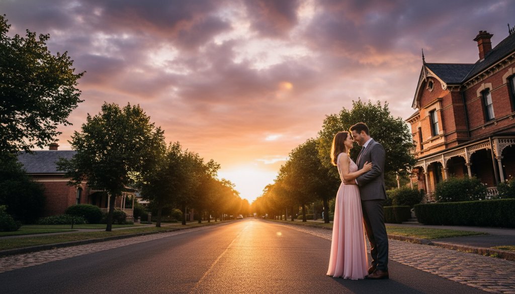An epic moment captured during Soldiers Hill pre-wedding photography sunset, featuring a couple embracing passionately against the vibrant, golden light of the setting sun over the historic landscape, with dramatic and professional color grading.