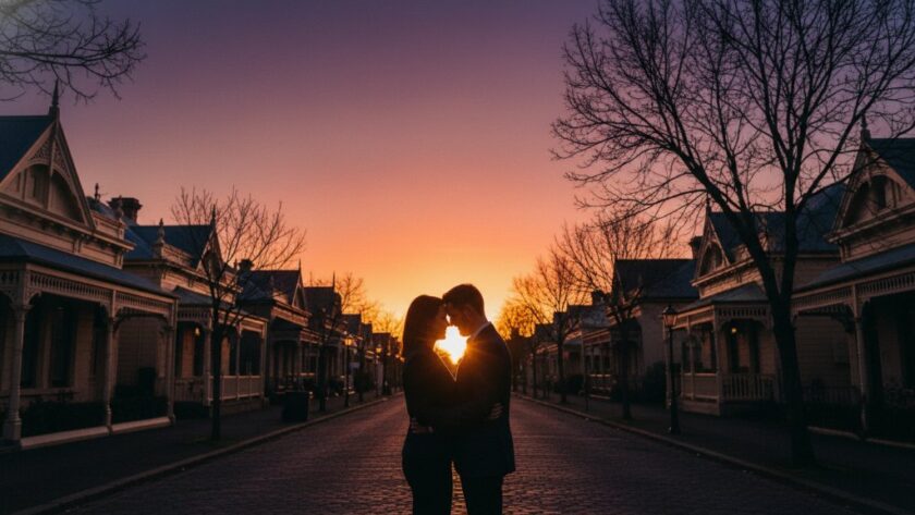 A couple embraces tenderly during their Soldiers Hill romantic sunset engagement photography session, silhouetted against a dramatic orange and purple sky over the historic Victorian landscape, captured in an epic, professional wide shot.