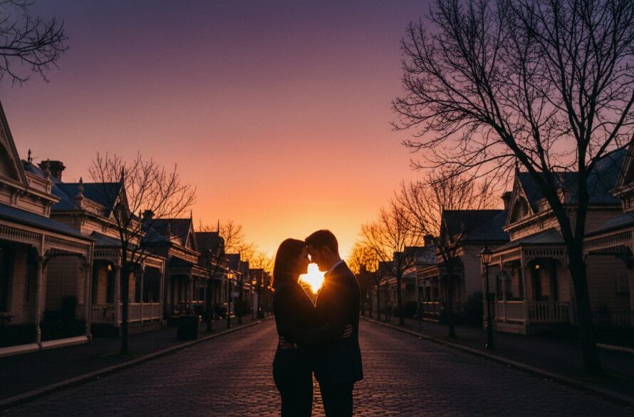 A couple embraces tenderly during their Soldiers Hill romantic sunset engagement photography session, silhouetted against a dramatic orange and purple sky over the historic Victorian landscape, captured in an epic, professional wide shot.
