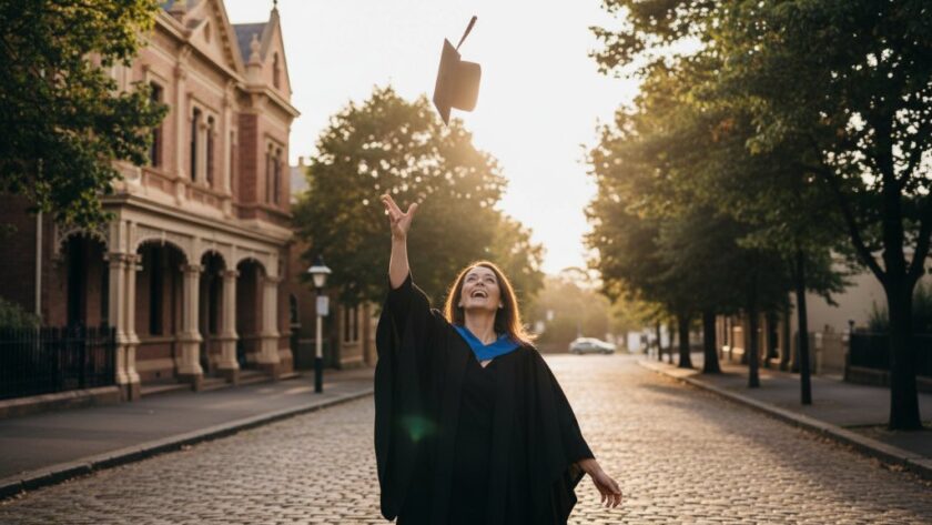 An epic moment captured during a Soldiers Hill Victoria graduation photoshoot, featuring a jubilant graduate in cap and gown tossing their hat against the historic backdrop of Soldiers Hill, with golden hour sunlight dramatically illuminating their triumphant expression.