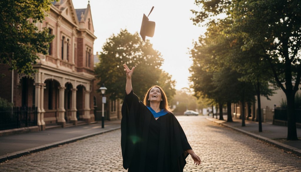An epic moment captured during a Soldiers Hill Victoria graduation photoshoot, featuring a jubilant graduate in cap and gown tossing their hat against the historic backdrop of Soldiers Hill, with golden hour sunlight dramatically illuminating their triumphant expression.