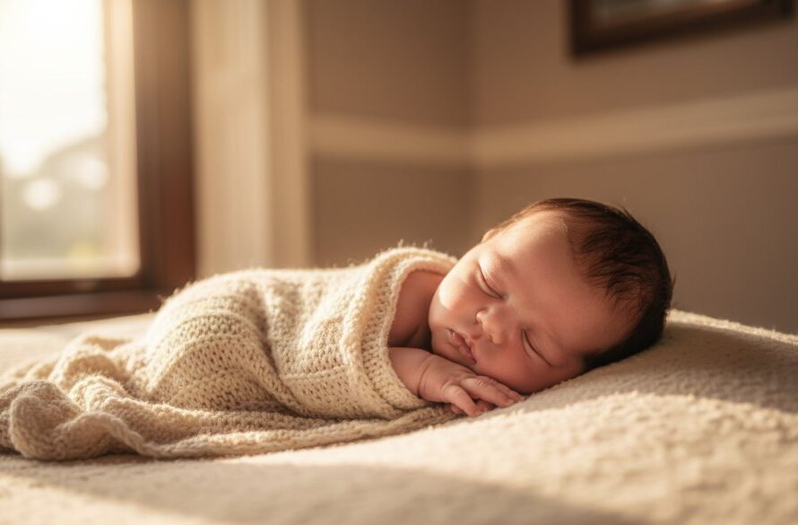 A serene, close-up 'epic moment' photograph capturing a newborn baby peacefully swaddled in soft, earthy tones, gently held in a parent's hands, bathed in warm, ethereal light from a window overlooking a picturesque Soldiers Hill Victorian streetscape, showcasing expert Soldiers Hill Victoria newborn photography safe and gentle artistry.
