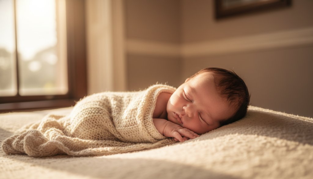 A serene, close-up 'epic moment' photograph capturing a newborn baby peacefully swaddled in soft, earthy tones, gently held in a parent's hands, bathed in warm, ethereal light from a window overlooking a picturesque Soldiers Hill Victorian streetscape, showcasing expert Soldiers Hill Victoria newborn photography safe and gentle artistry.