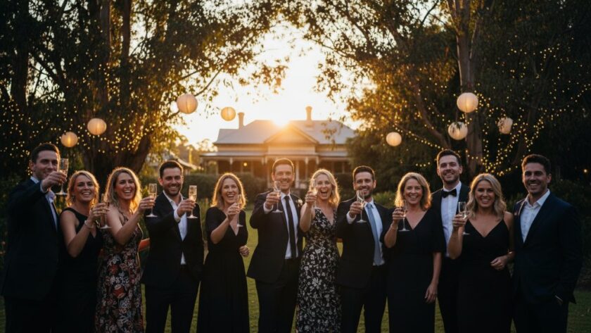 A stunning wide-angle shot capturing vibrant Soldiers Hill Victoria Party Photography candid moments of guests laughing and raising glasses under twinkling fairy lights at a beautifully decorated garden party.