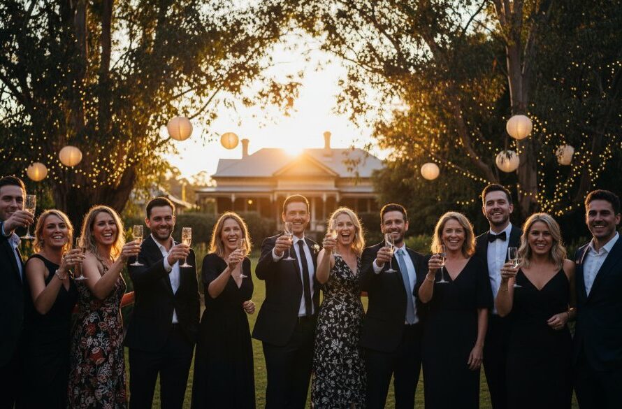 A stunning wide-angle shot capturing vibrant Soldiers Hill Victoria Party Photography candid moments of guests laughing and raising glasses under twinkling fairy lights at a beautifully decorated garden party.