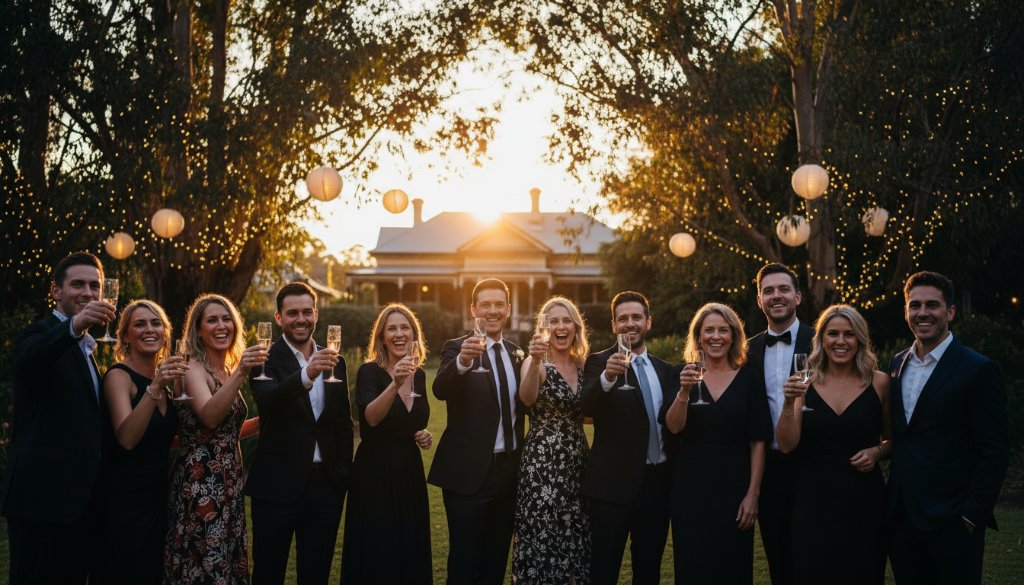 A stunning wide-angle shot capturing vibrant Soldiers Hill Victoria Party Photography candid moments of guests laughing and raising glasses under twinkling fairy lights at a beautifully decorated garden party.