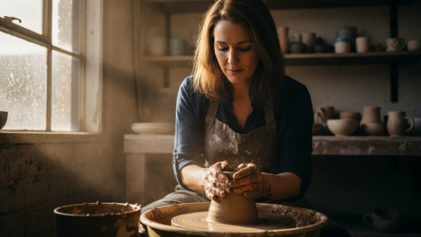 A cinematic photograph showcasing professional South Geelong advertising photography for impactful local campaigns, capturing a skilled local ceramist intensely shaping clay in a rustic workshop with dramatic golden hour backlighting, reflecting local artistry.