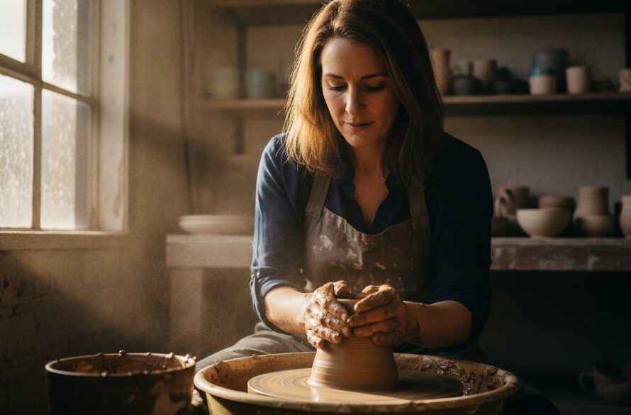 A cinematic photograph showcasing professional South Geelong advertising photography for impactful local campaigns, capturing a skilled local ceramist intensely shaping clay in a rustic workshop with dramatic golden hour backlighting, reflecting local artistry.
