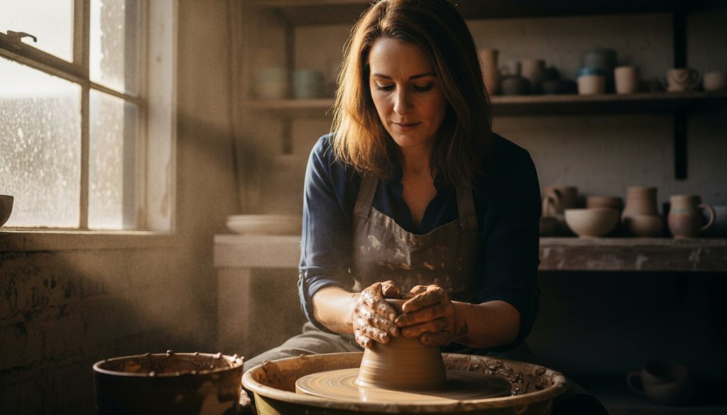 A cinematic photograph showcasing professional South Geelong advertising photography for impactful local campaigns, capturing a skilled local ceramist intensely shaping clay in a rustic workshop with dramatic golden hour backlighting, reflecting local artistry.