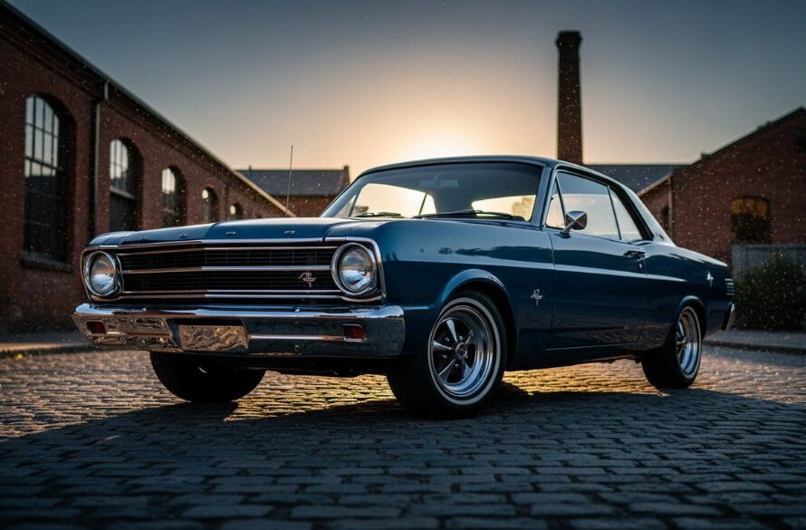 Dramatic low-angle shot of a meticulously restored vintage car, bathed in the golden hour glow, parked on a historic bluestone street in South Geelong, Victoria, showcasing expert South Geelong automotive photography storytelling with vibrant reflections.