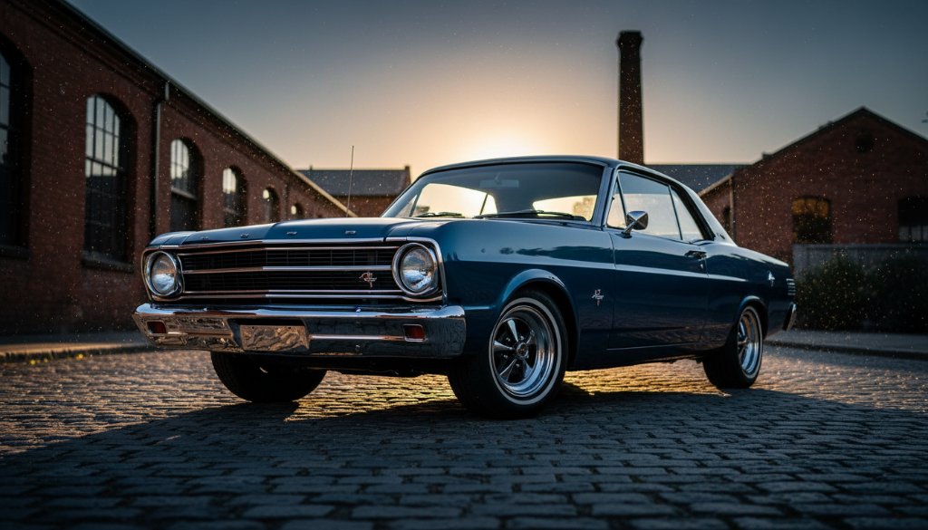 Dramatic low-angle shot of a meticulously restored vintage car, bathed in the golden hour glow, parked on a historic bluestone street in South Geelong, Victoria, showcasing expert South Geelong automotive photography storytelling with vibrant reflections.