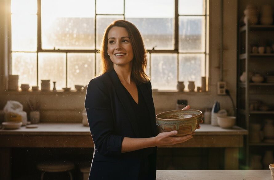 An emotionally resonant 'epic moment' photograph capturing a small business owner in South Geelong proudly showcasing their artisan product with dramatic backlighting from the setting sun, embodying professional South Geelong branding photography for small businesses, professionally colour graded.
