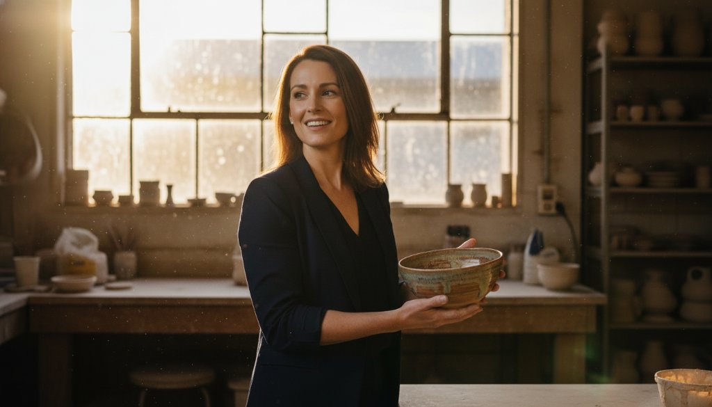 An emotionally resonant 'epic moment' photograph capturing a small business owner in South Geelong proudly showcasing their artisan product with dramatic backlighting from the setting sun, embodying professional South Geelong branding photography for small businesses, professionally colour graded.