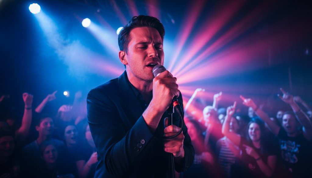 An electrifying shot by a South Geelong Concert Photographer Live Music Moments, capturing a lead guitarist mid-shred with dramatic stage lighting, smoke, and an energetic crowd, embodying the raw power of a live performance.