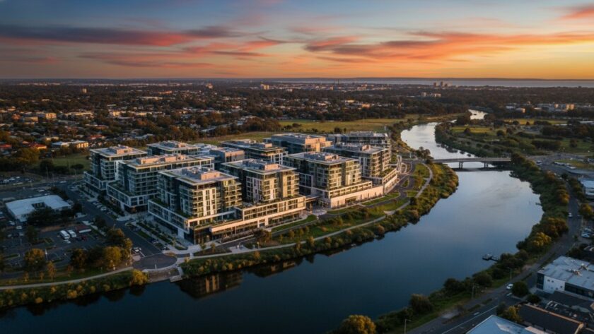 An epic aerial photograph showcasing a modern commercial real estate development in South Geelong, Victoria, at dusk, with dramatic lighting, captured via South Geelong drone photography, highlighting its impressive scale and proximity to the Barwon River.