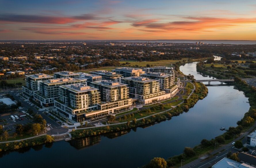 An epic aerial photograph showcasing a modern commercial real estate development in South Geelong, Victoria, at dusk, with dramatic lighting, captured via South Geelong drone photography, highlighting its impressive scale and proximity to the Barwon River.