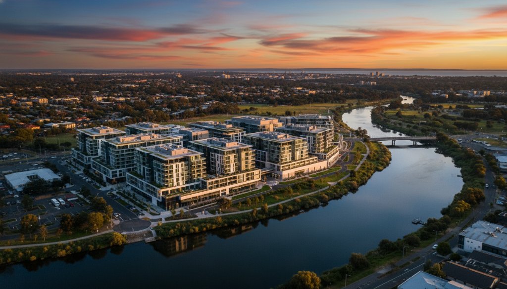 An epic aerial photograph showcasing a modern commercial real estate development in South Geelong, Victoria, at dusk, with dramatic lighting, captured via South Geelong drone photography, highlighting its impressive scale and proximity to the Barwon River.
