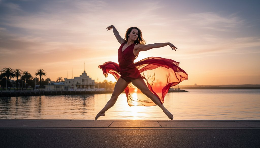 A professional photograph of a dancer performing an elegant leap against the vibrant, soft-focus backdrop of the Geelong Waterfront at sunset, perfectly capturing South Geelong dynamic dance photography for performing arts with dramatic backlighting and a sense of graceful power.
