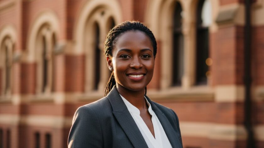 Dramatic and confident South Geelong dynamic professional headshots of a business professional, captured against a subtly blurred historic South Geelong building at golden hour, showcasing leadership and approachability. The subject is well-lit, with a shallow depth of field, conveying a powerful personal brand.