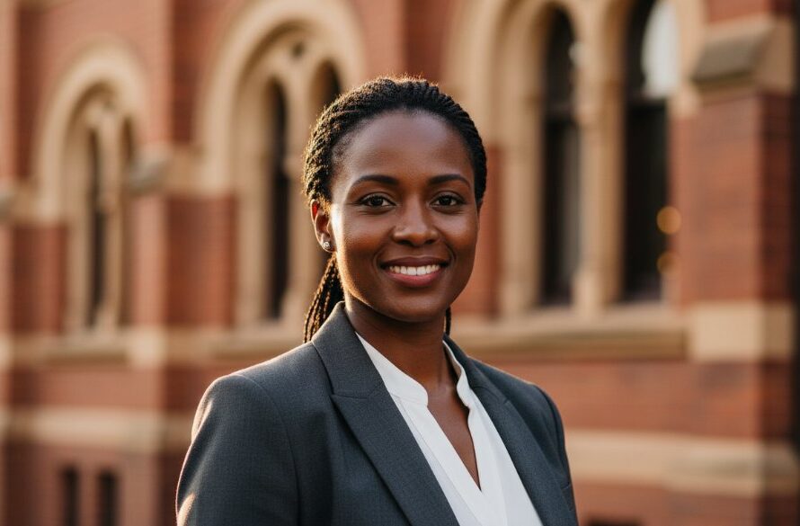 Dramatic and confident South Geelong dynamic professional headshots of a business professional, captured against a subtly blurred historic South Geelong building at golden hour, showcasing leadership and approachability. The subject is well-lit, with a shallow depth of field, conveying a powerful personal brand.