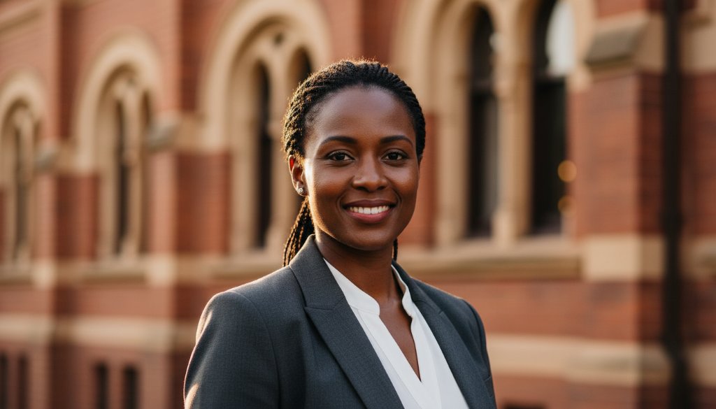 Dramatic and confident South Geelong dynamic professional headshots of a business professional, captured against a subtly blurred historic South Geelong building at golden hour, showcasing leadership and approachability. The subject is well-lit, with a shallow depth of field, conveying a powerful personal brand.
