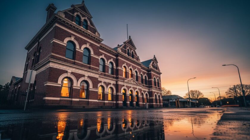 Dramatic sunset light casting long shadows across the intricate facade of a grand Victorian-era heritage building in South Geelong, Victoria, perfectly embodying South Geelong heritage building photography tips Victoria with professional color grading.
