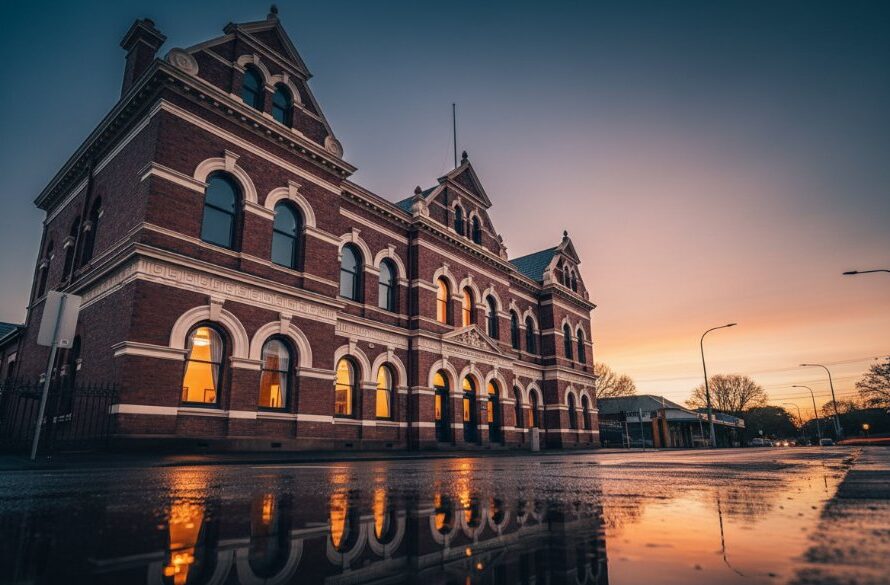 Dramatic sunset light casting long shadows across the intricate facade of a grand Victorian-era heritage building in South Geelong, Victoria, perfectly embodying South Geelong heritage building photography tips Victoria with professional color grading.